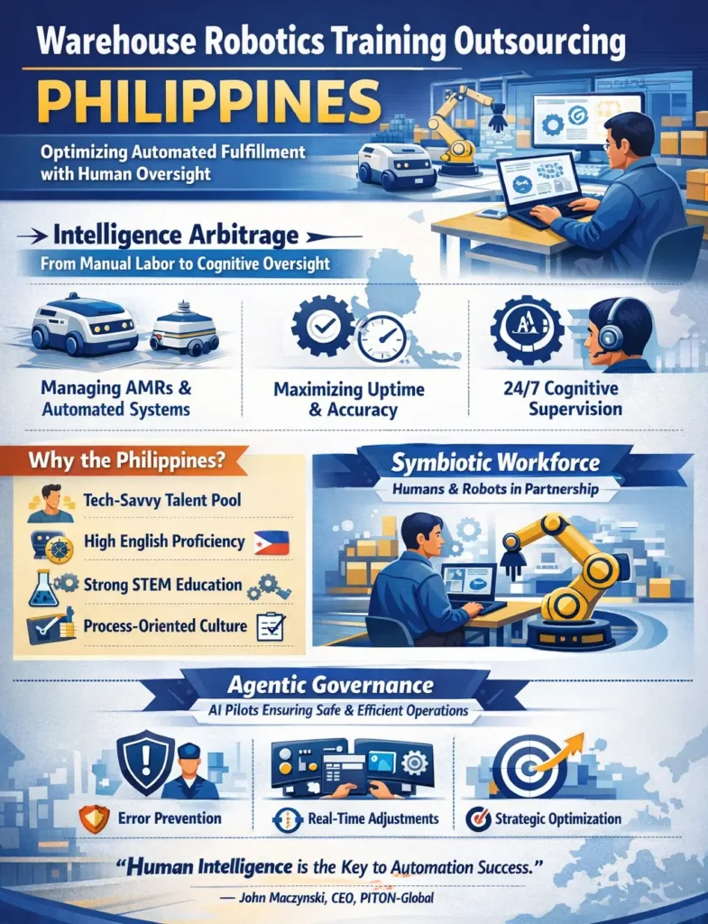 Infographic titled “Warehouse Robotics Training Outsourcing Philippines: Optimizing Automated Fulfillment with Human Oversight,” illustrating Filipino specialists supervising autonomous mobile robots (AMRs) and robotic arms in a smart warehouse, highlighting intelligence arbitrage, human-robot collaboration, 24/7 cognitive oversight, and AI governance to maximize uptime, accuracy, and automated logistics efficiency.