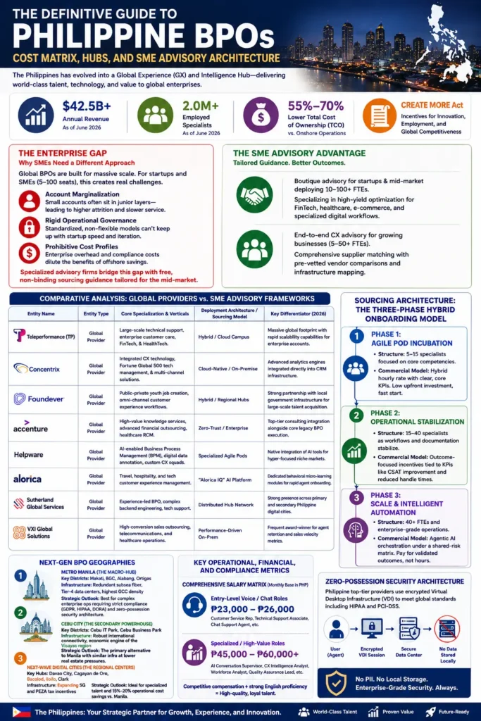 A high-detail corporate infographic titled “The Definitive Guide to Philippine BPOs: Cost Matrix, Hubs, and SME Advisory Architecture.” The infographic summarizes the Philippine outsourcing industry in 2026, featuring key metrics such as $42.5B+ industry revenue, 2.0M+ employees, and 55–70% cost savings versus onshore operations. It includes comparison tables of global BPO providers, SME sourcing lifecycle phases, major outsourcing hubs including Metro Manila and Cebu, operational salary benchmarks, and enterprise security architecture diagrams. The design uses blue, orange, green, and white enterprise-style visuals with structured panels, workflow graphics, and business intelligence layouts.