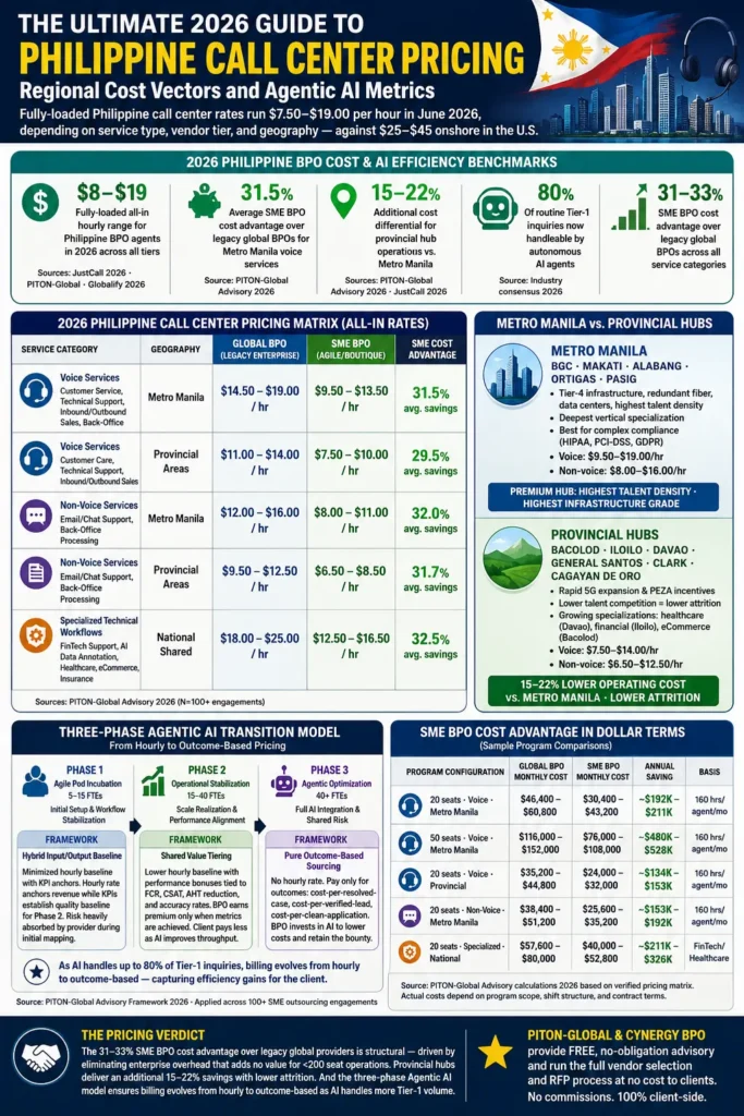 Corporate infographic summarizing Philippine call center pricing in 2026, comparing Global BPOs versus SME boutique providers across Metro Manila and provincial hubs. Includes hourly pricing matrices for voice, non-voice, and specialized technical services, showing 29%ā32.5% cost savings for SMEs. Features a three-phase Agentic AI outsourcing model transitioning from hybrid hourly pricing to outcome-based sourcing, with visuals highlighting AI automation, operational agility, and Total Cost of Ownership reduction.