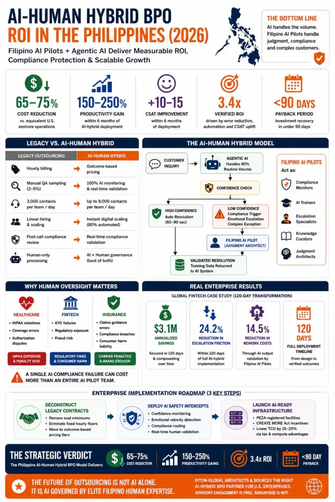 Infographic titled “AI-Human Hybrid BPO ROI in the Philippines (2026).” The visual explains how combining agentic AI with Filipino AI-assisted specialists can improve outsourcing outcomes. Key performance metrics include 65–75% cost reduction, 150–250% productivity gains, a 10–15 point increase in customer satisfaction (CSAT), 3.4x verified ROI, and a payback period of less than 90 days. A comparison table contrasts traditional outsourcing with AI-human hybrid operations, highlighting outcome-based pricing, AI-driven quality monitoring, automated scaling, and real-time compliance validation. A workflow diagram shows routine inquiries being handled by agentic AI, while complex, emotional, or compliance-sensitive cases are escalated to Filipino AI pilots for judgment and resolution. Additional sections outline use cases in healthcare, fintech, and insurance, present enterprise results from a transformation case study, and provide a three-step implementation roadmap for AI-enabled outsourcing operations.