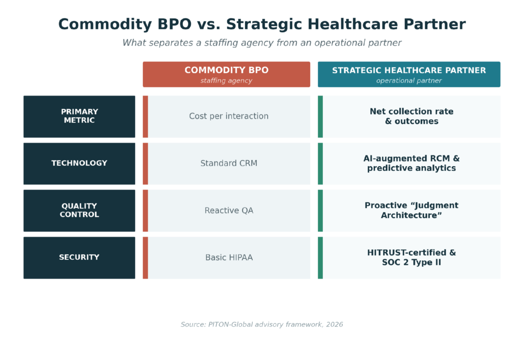 Comparison of commodity BPO versus strategic healthcare partner across primary metric, technology, quality control, and security.