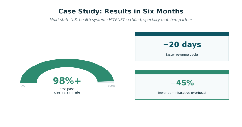 Case study results in six months: 98%+ first-pass clean claim rate, 20 days faster revenue cycle, and 45% lower administrative overhead.