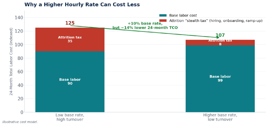 Stacked comparison showing a higher base rate with low turnover costing less over 24 months