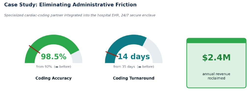 Case study gauges: coding accuracy 92% to 98.5% and turnaround 35 to 14 days, $2.4M reclaimed