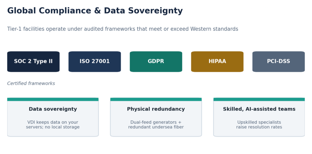 Figure 3. The certified frameworks and data-sovereignty safeguards underpinning global delivery.