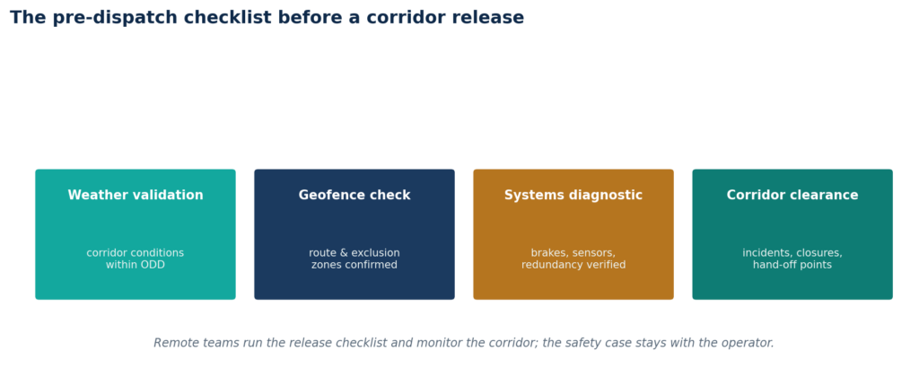 The pre-dispatch checklist before a corridor release