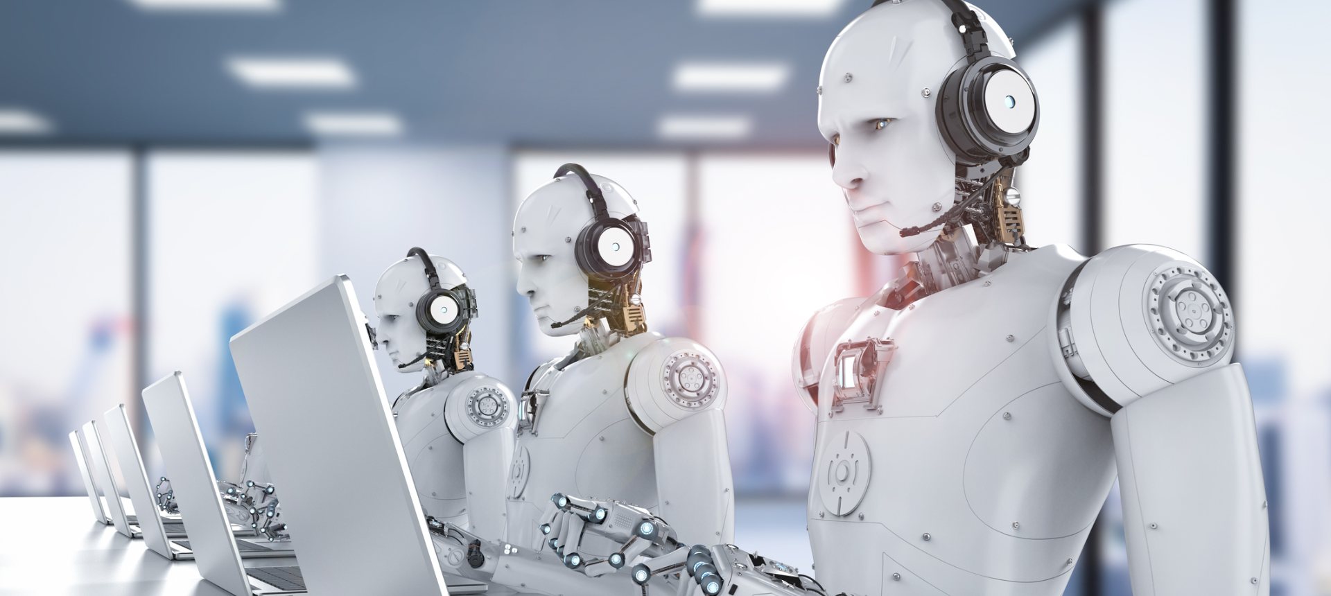 Row of humanoid AI agents wearing headsets working at laptops in a call center