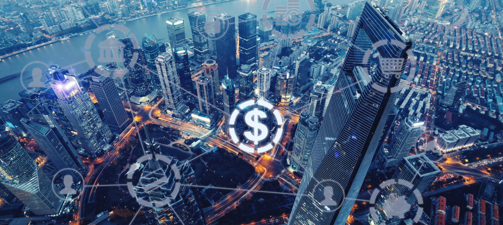 Aerial view of a city at dusk with payment icons linked across the skyline, the network fintech trust and safety protects