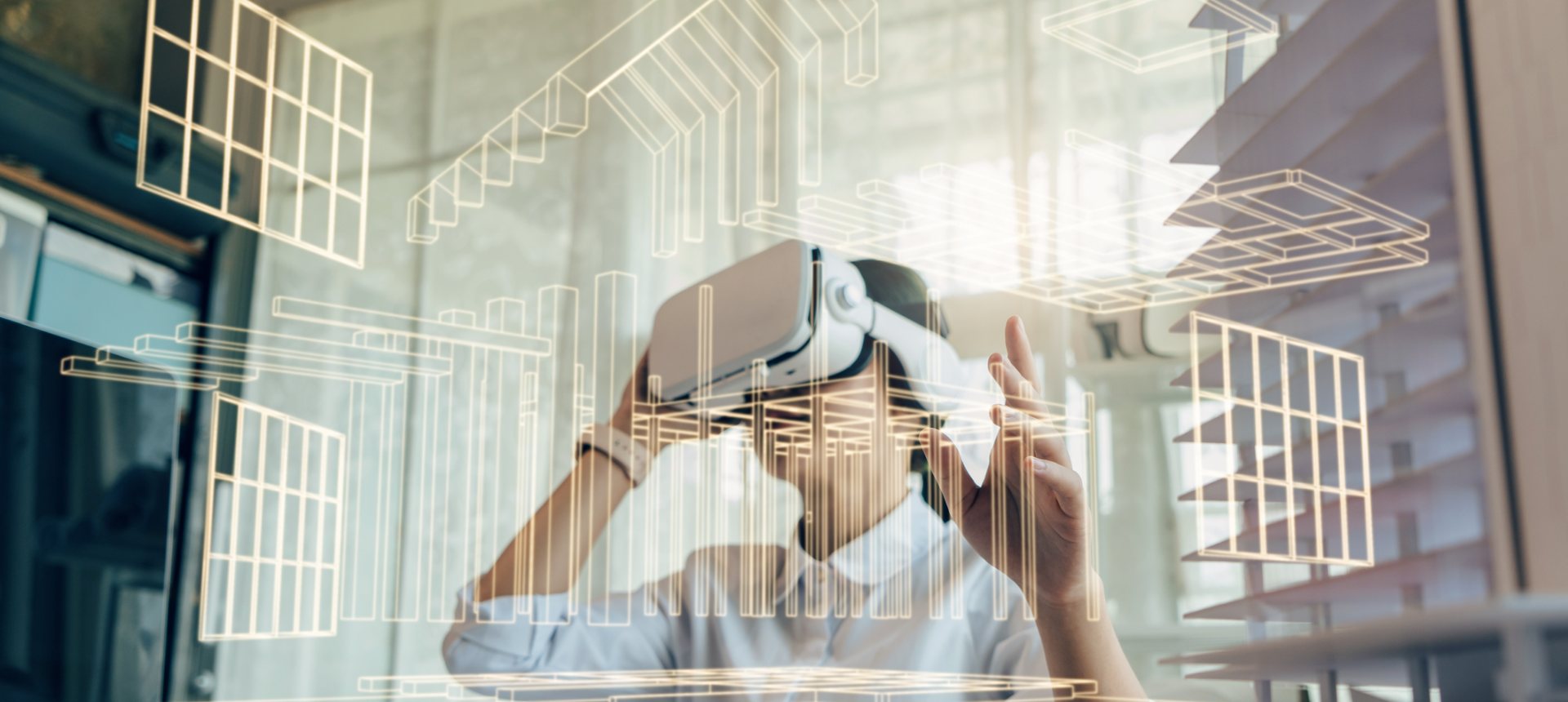 Real estate professional in a VR headset reviewing a 3D wireframe model of a property