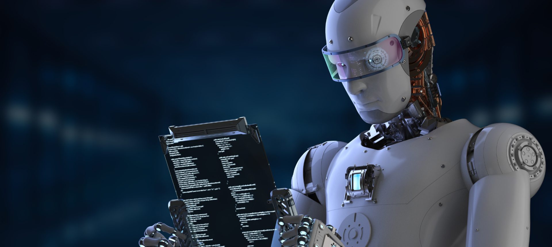 Humanoid robot reading lines of code on a glass panel, the automated advice a robo-advisor support desk backs up