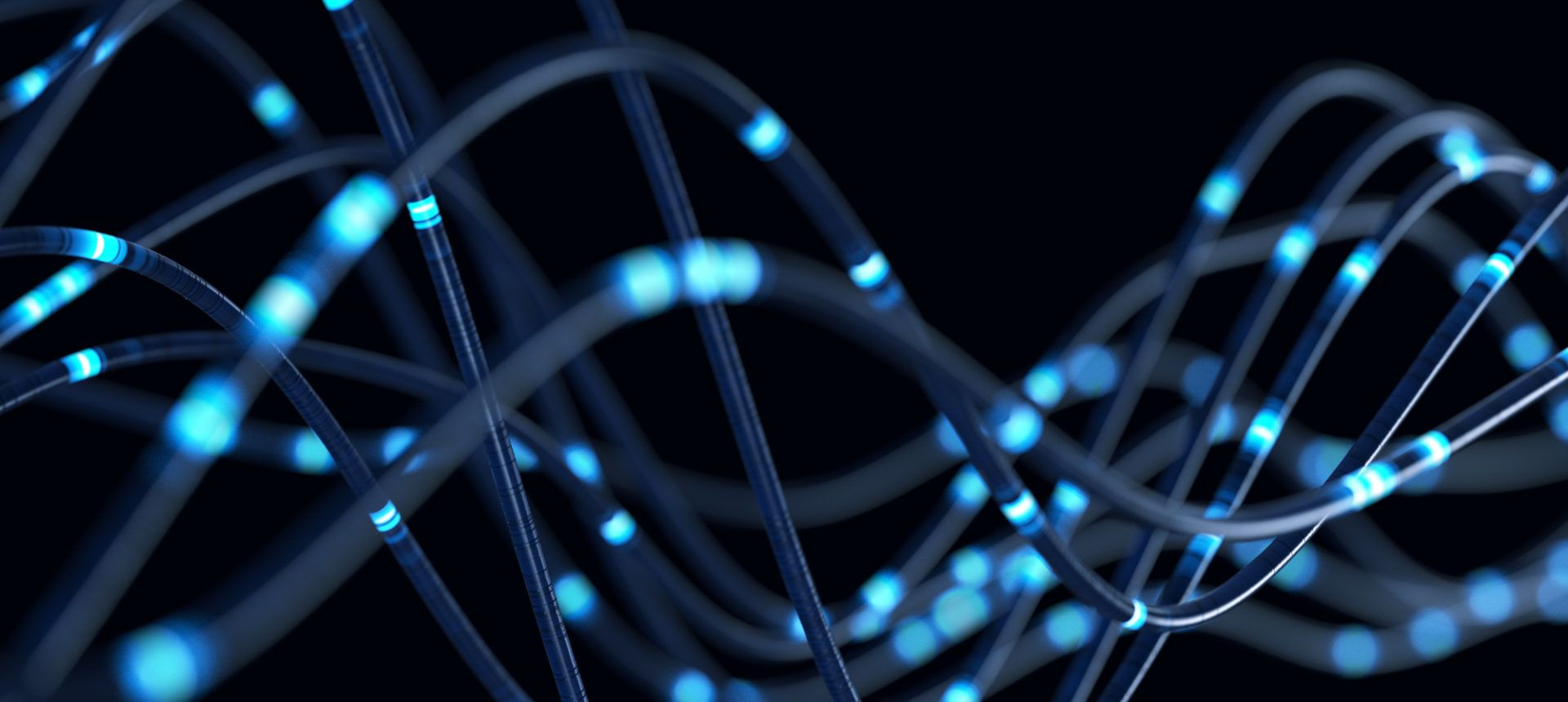 Glowing blue data strands weaving across a dark background, the generated records a synthetic data team validates