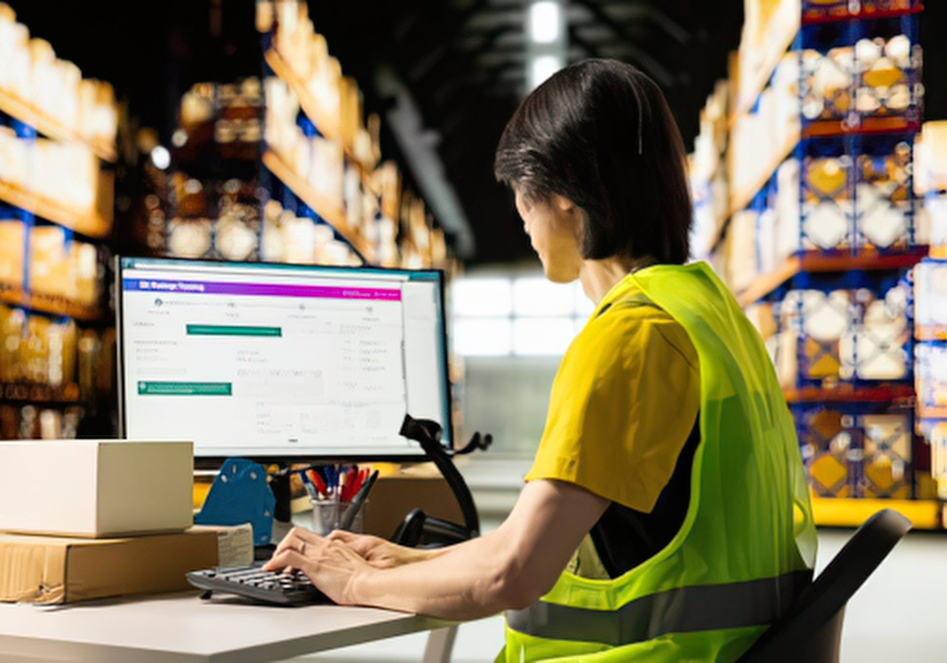 Coordinator in a safety vest at a warehouse workstation, chasing a 3PL shipment exception
