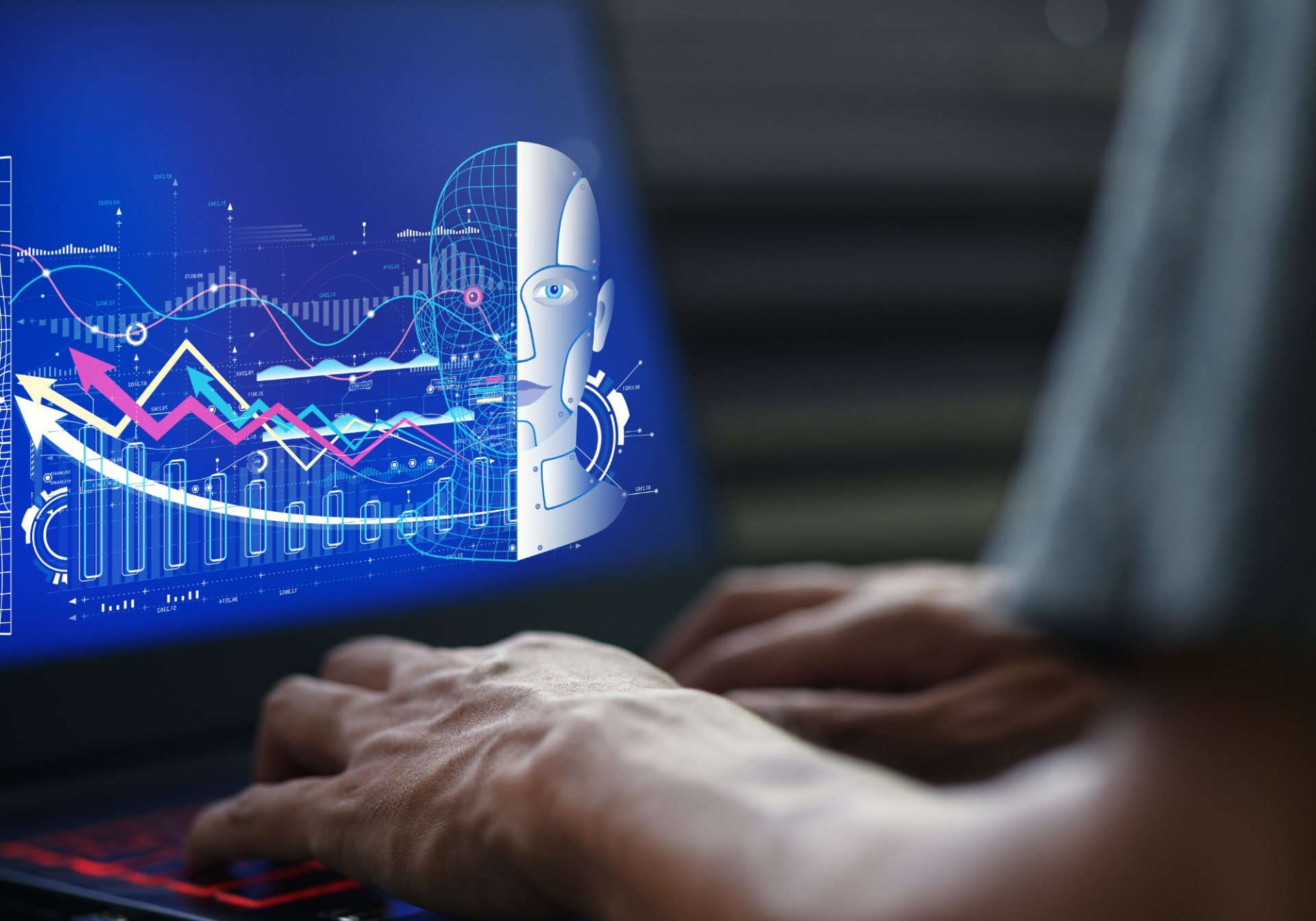 Hands typing on a laptop beside a holographic AI face and performance charts, for AI verification