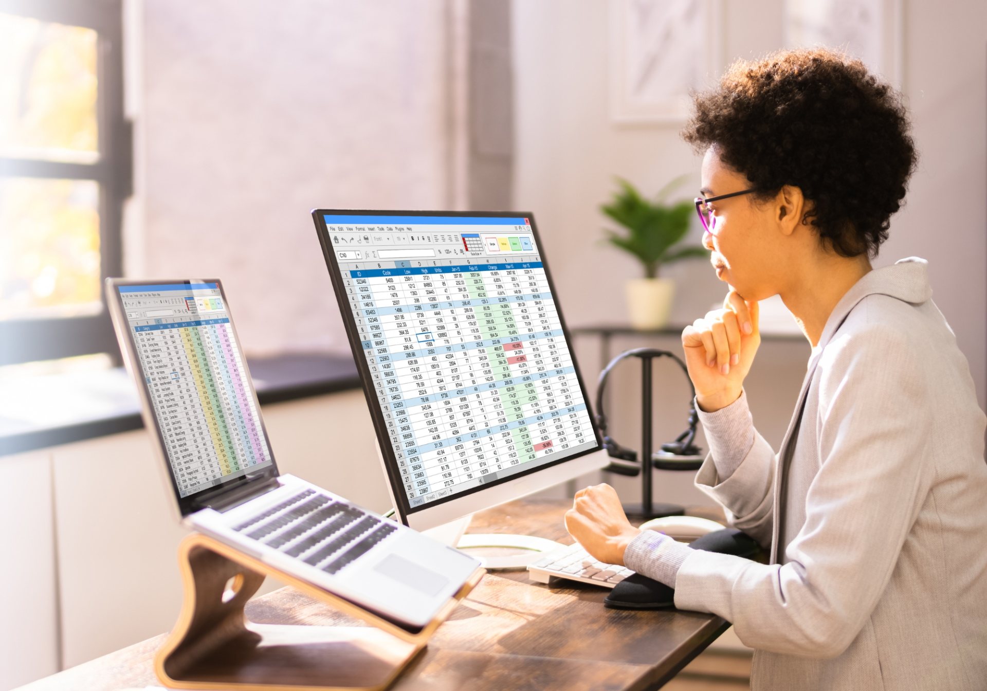 Billing specialist checking claim spreadsheets on a monitor and laptop for a behavioral health practice