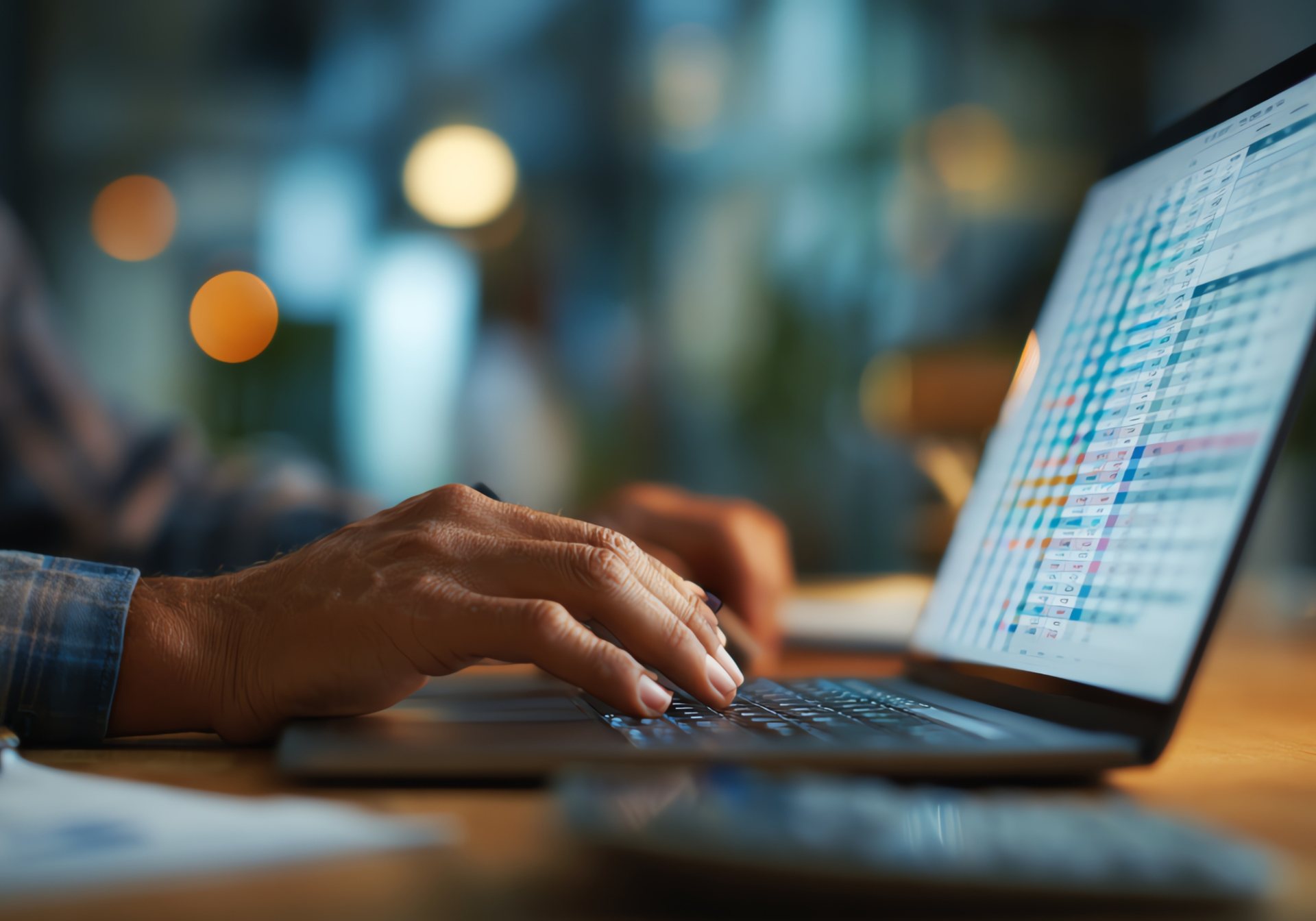Hands typing on a laptop showing an expense spreadsheet, matching travel receipts to card charges