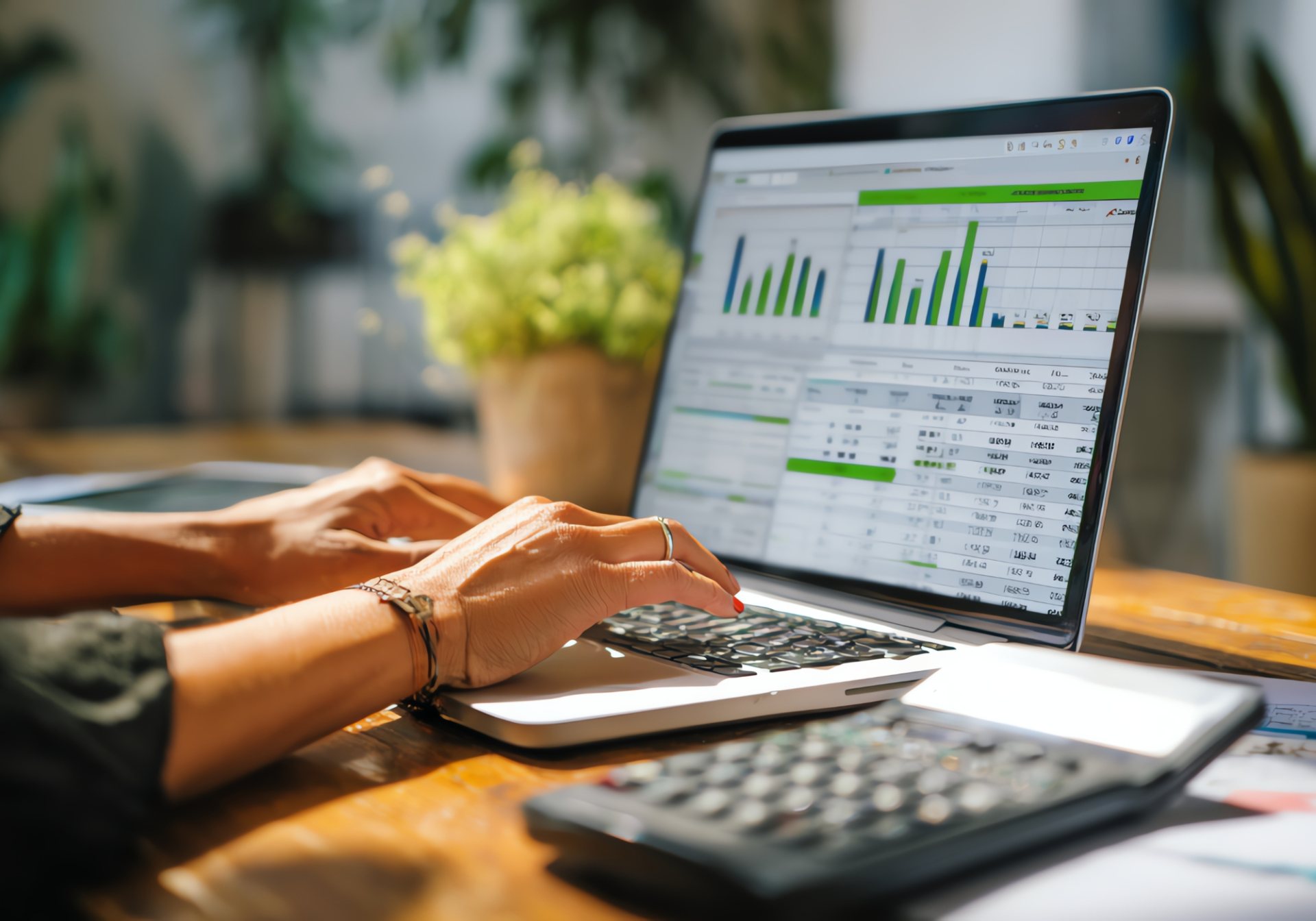Financial charts and a calculator beside a laptop, partner reporting in embedded finance operations