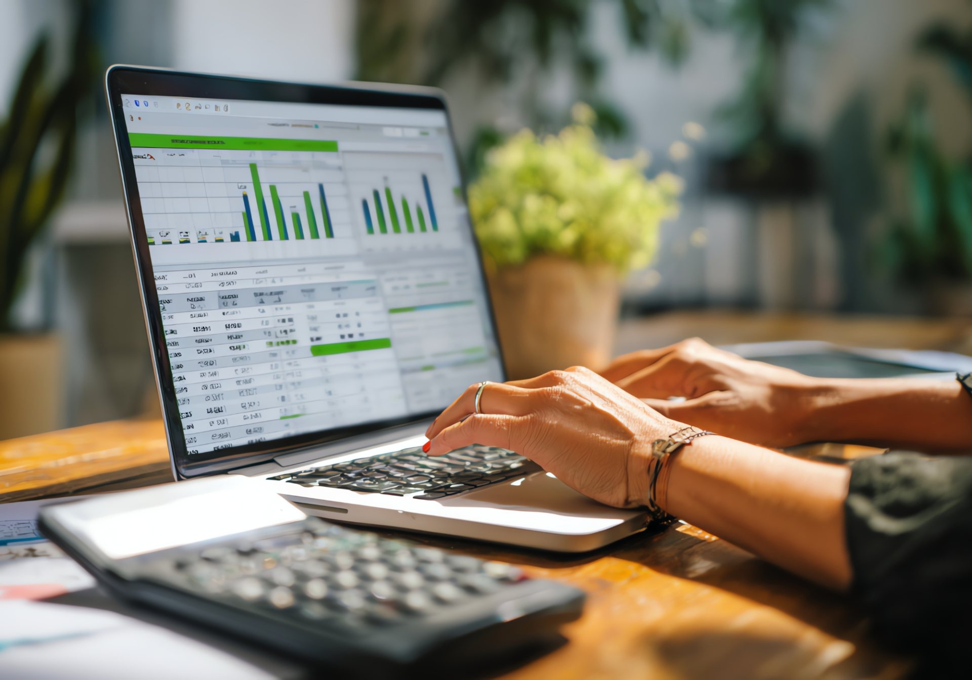 Hands typing on a laptop showing financial charts beside a calculator, for a post on transaction categorization taxonomy