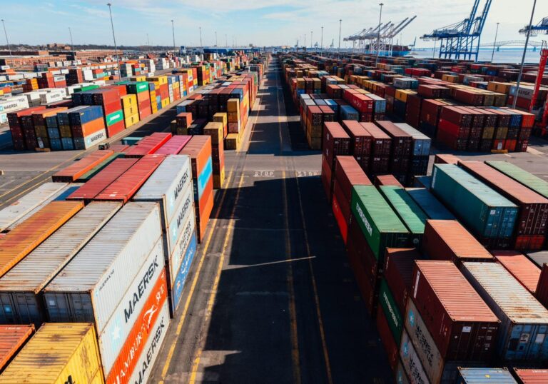 Rows of stacked shipping containers at a port terminal with cranes on the waterfront, for a post on carrier vetting checklist