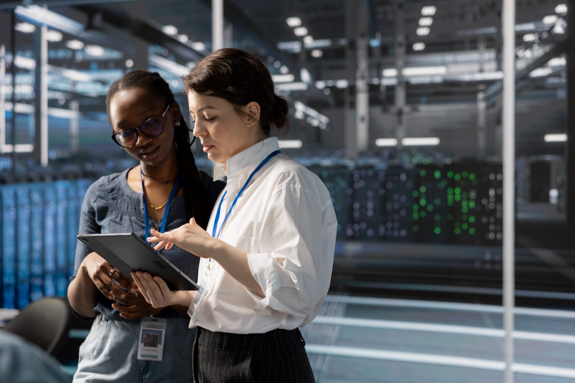 AI data operations specialists reviewing a tablet in a server room, representing AI, data and automation outsourcing to the Philippines