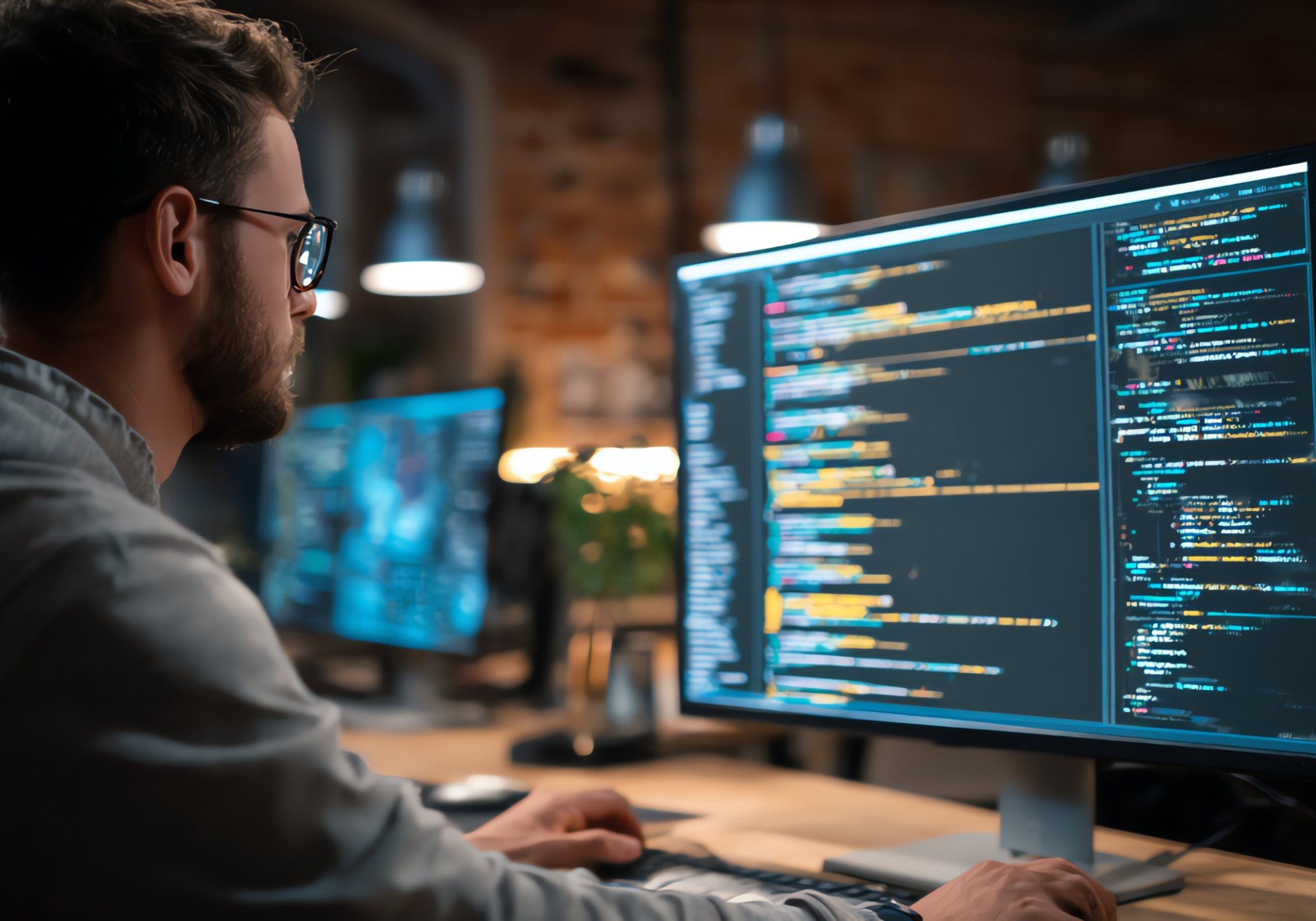 Developer in glasses reviewing integration code on a large monitor