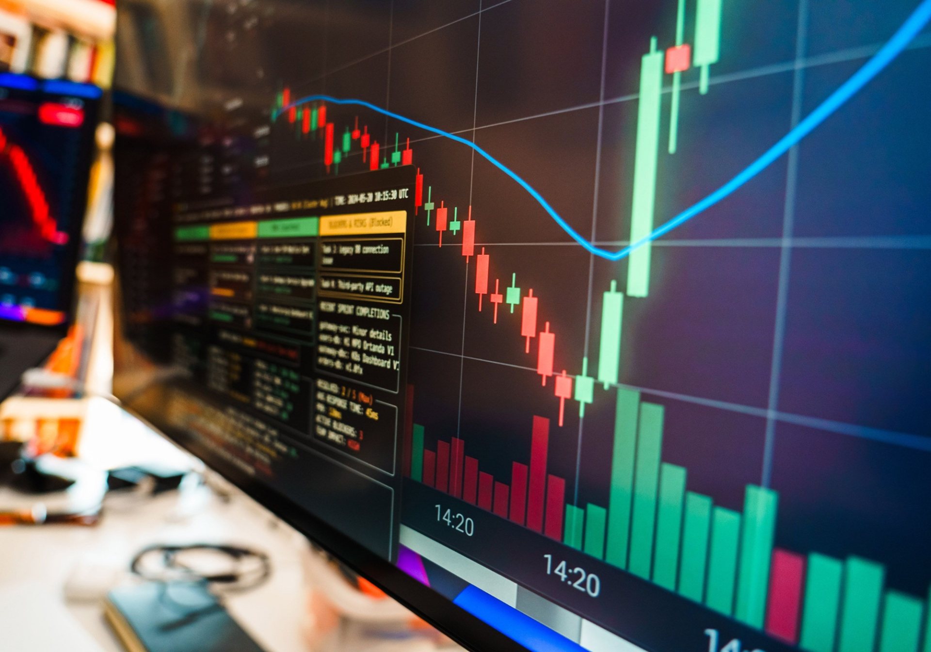 Close-up of a trading chart and task panel on a monitor, for a post on offline recommender evaluation