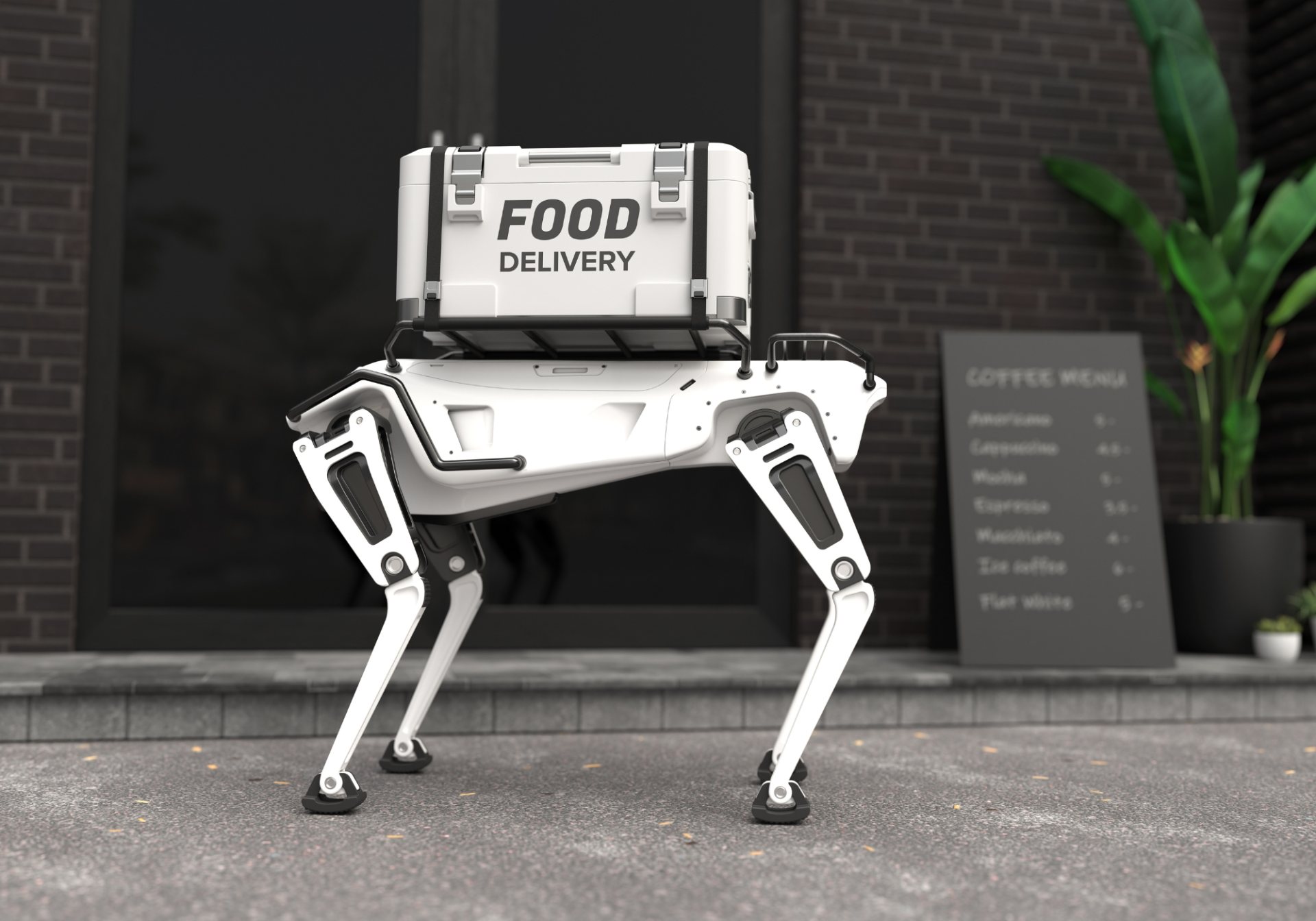 Four-legged delivery robot carrying a food box outside a cafe, a robot fleet on its last-mile route