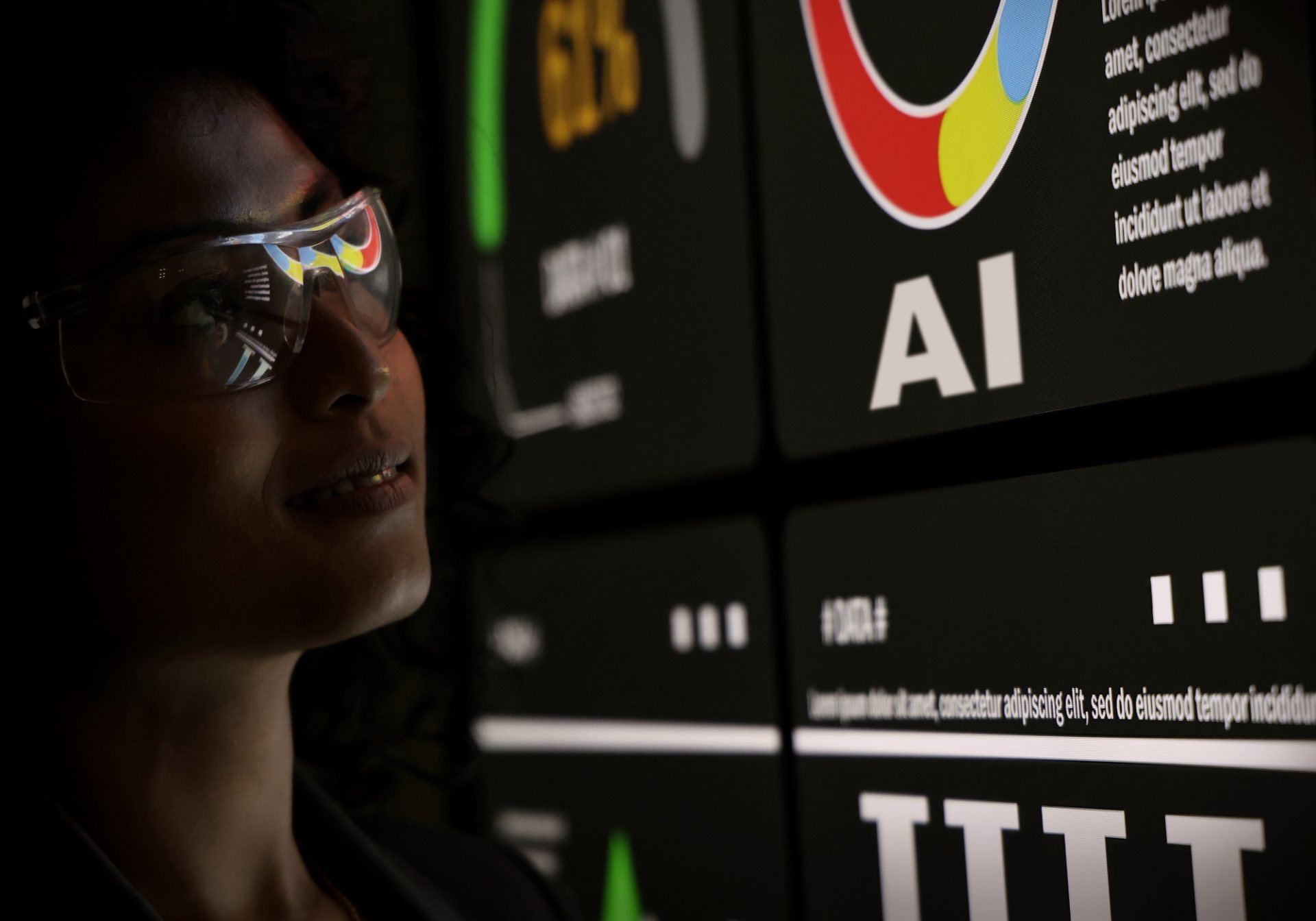 Specialist in clear glasses reviewing an AI dashboard wall, checking who-spoke-when speech labels