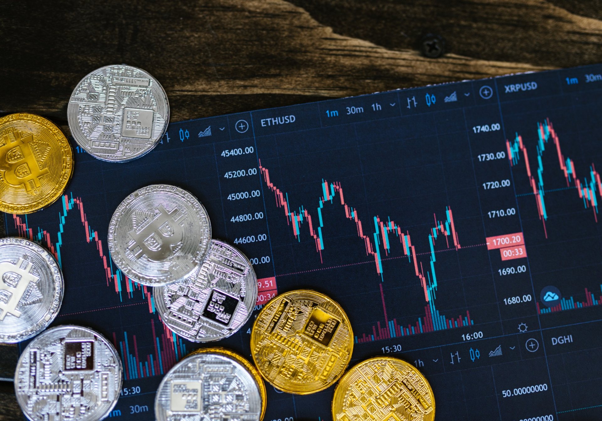 Gold and silver crypto coins on a printed price chart, the assets stablecoin operations reconcile
