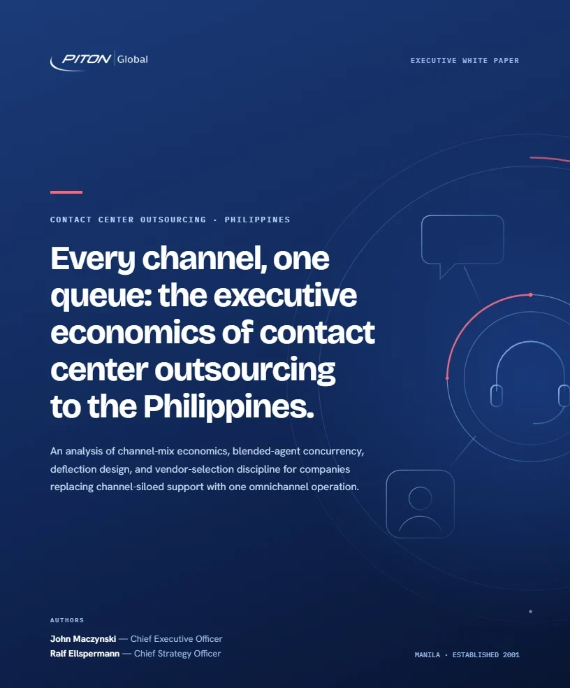 White paper cover — Every Channel, One Queue — Contact Center Outsourcing to the Philippines, PITON-Global Executive White Paper