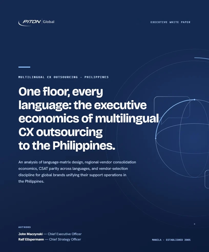 White paper cover — One Floor, Every Language — Multilingual CX Outsourcing to the Philippines, PITON-Global Executive White Paper