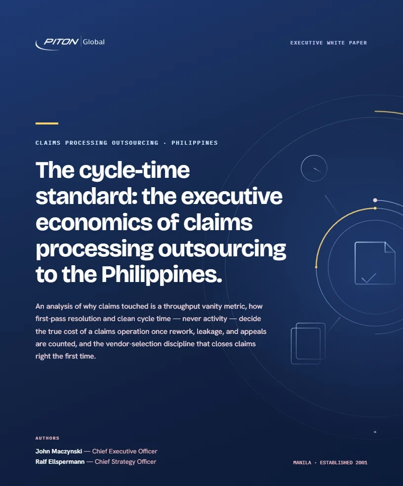 White paper cover — PITON-Global: The Cycle-Time Standard: Claims Processing Outsourcing to the Philippines