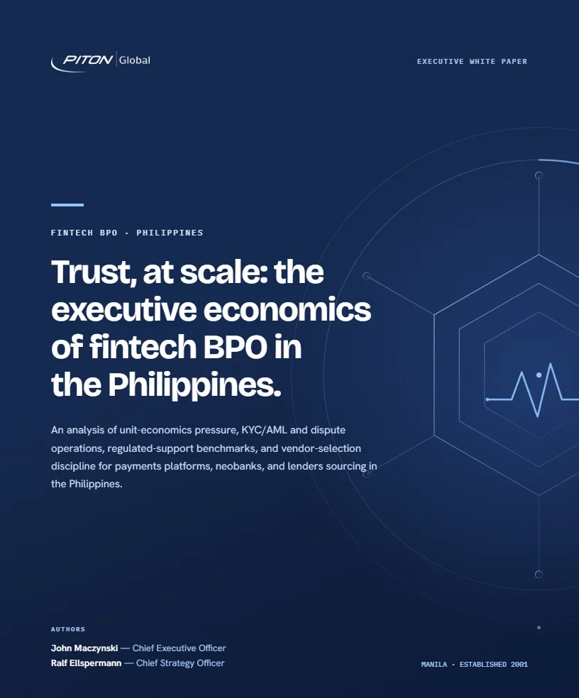 White paper cover — Trust, at Scale — Fintech BPO in the Philippines, PITON-Global Executive White Paper