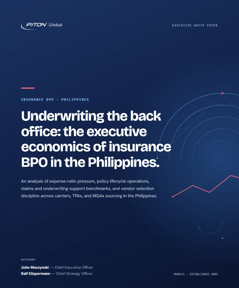 White paper cover — Underwriting the Back Office — Insurance BPO in the Philippines, PITON-Global Executive White Paper