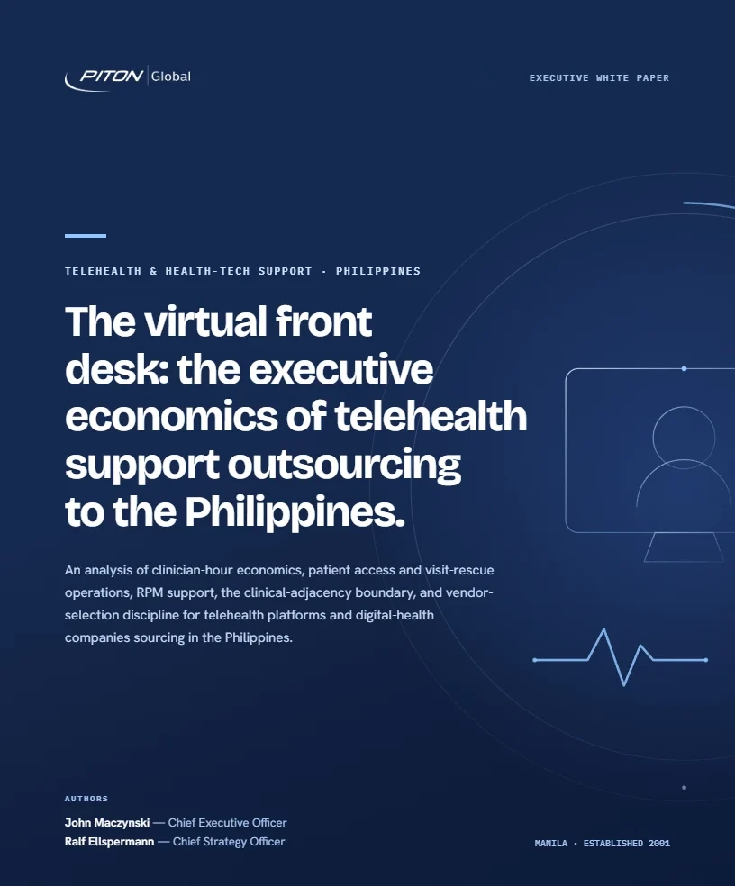 White paper cover — The Virtual Front Desk — Telehealth & Health-Tech Support Outsourcing to the Philippines, PITON-Global Executive White Paper
