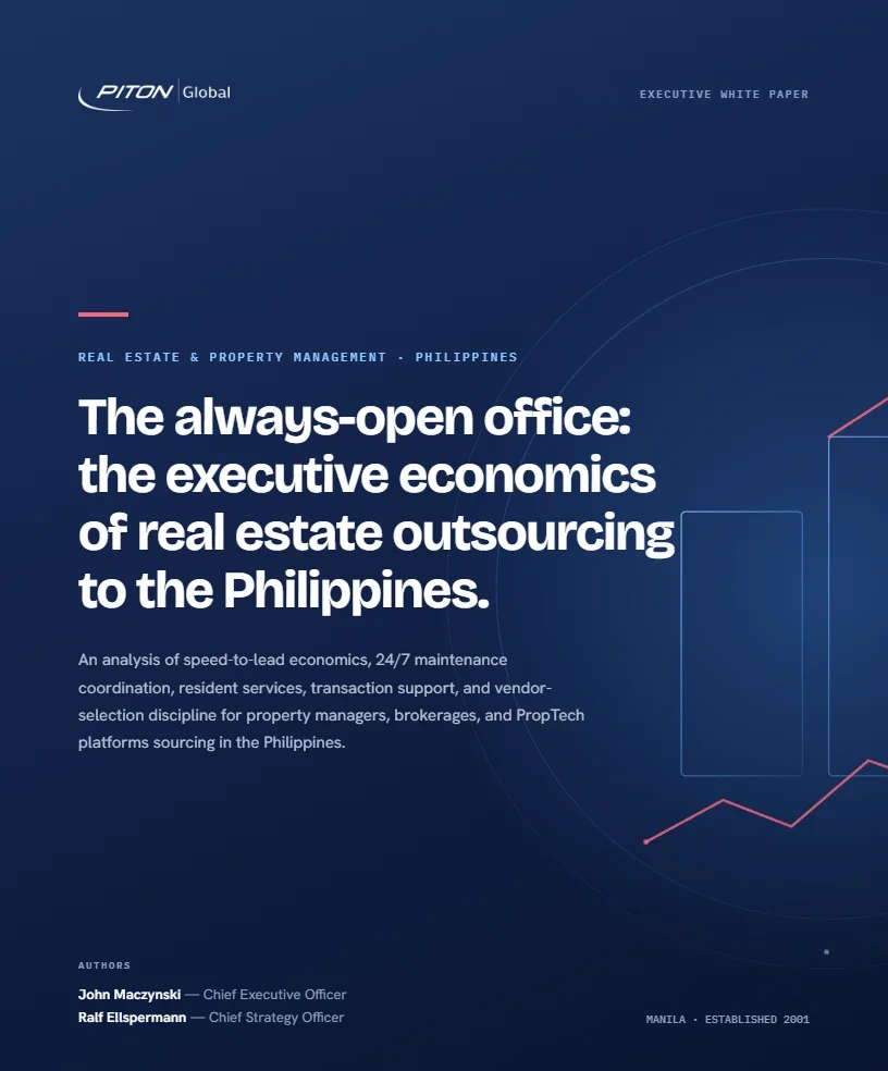 White paper cover — The Always-Open Office — Real Estate & Property Management Outsourcing to the Philippines, PITON-Global Executive White Paper